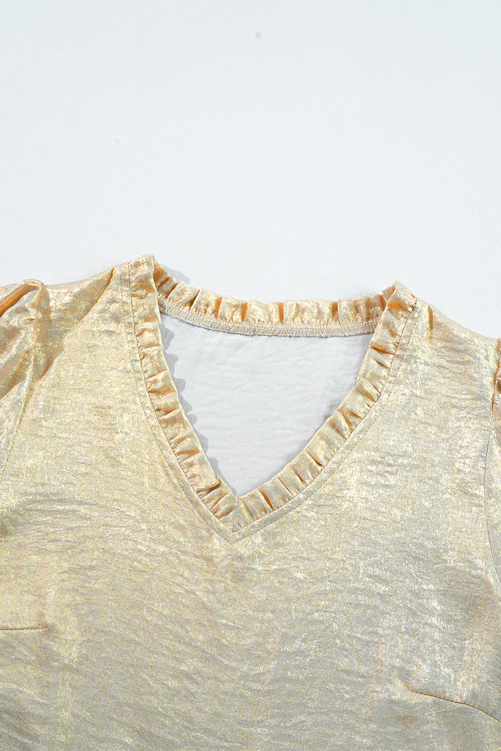 Metallic Frilled V Neck Puff Sleeve Babydoll Blouse | Gold