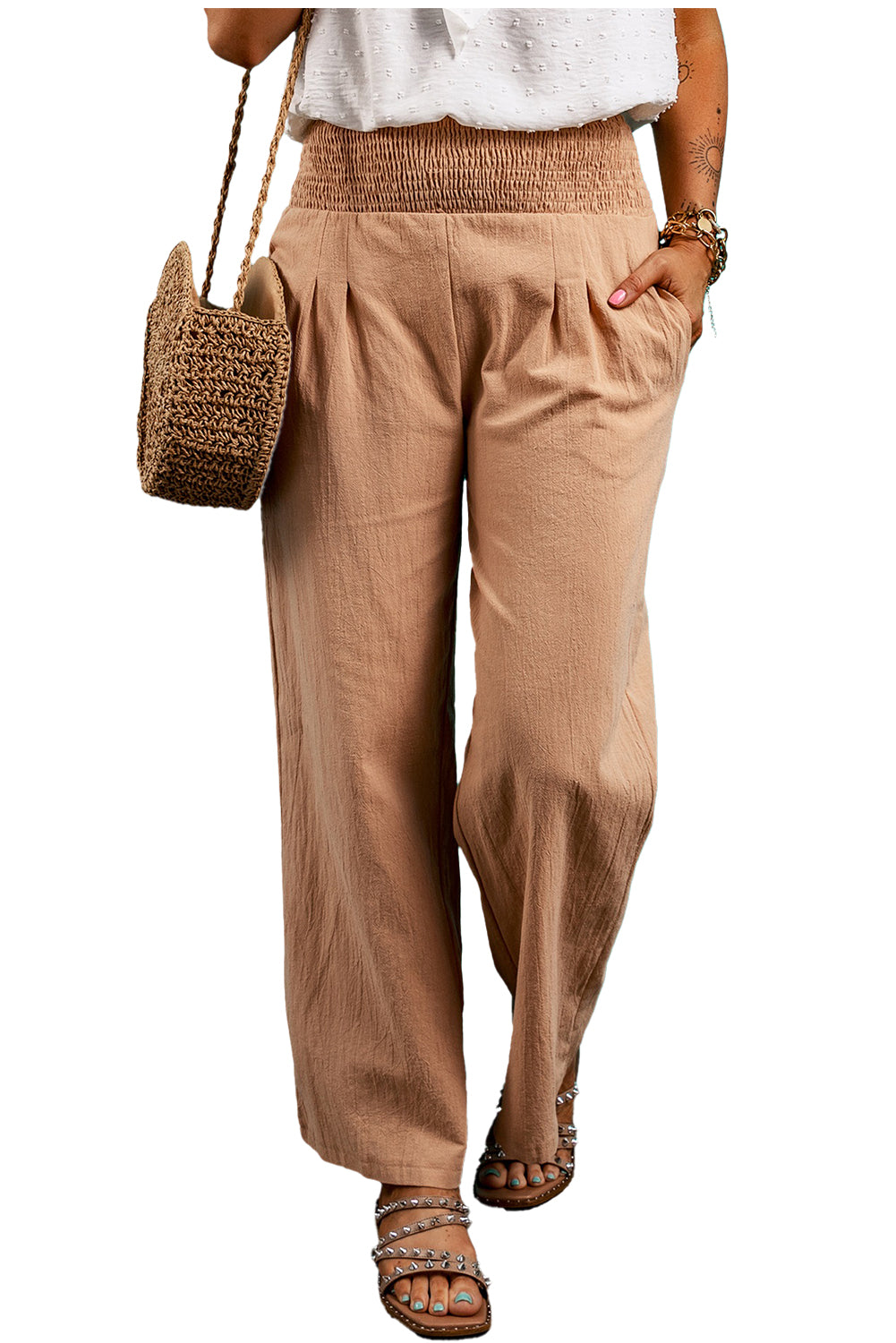 Smocked Waist Loose Straight Leg Pants | Clay