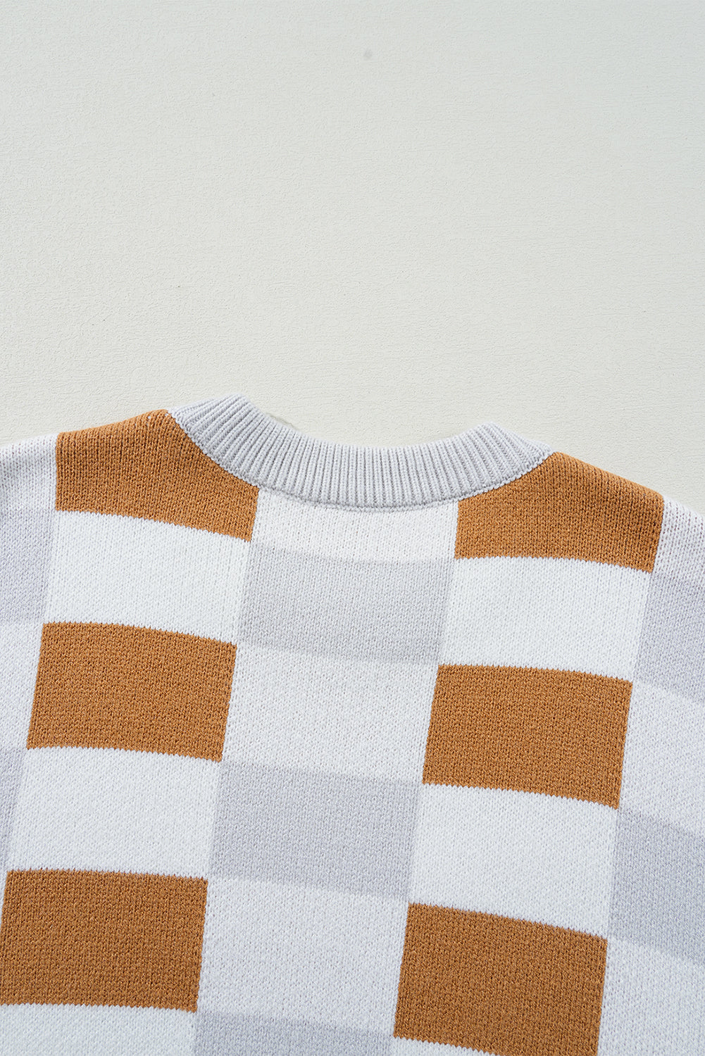 Checkered Ribbed Edge O Neck Drop Shoulder Sweater | Khaki