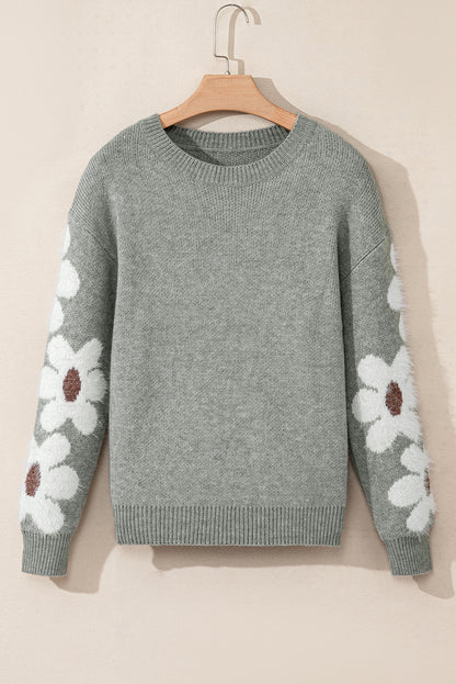 Flower Sleeve Drop Shoulder Sweater | Light Grey