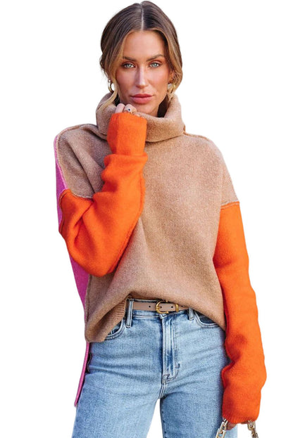 Colour Block Turtle Neck Drop Shoulder Knit Sweater | Khaki