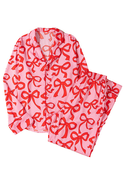 2Pcs Bow Print Shirt Style Long Sleeve Pajama Set | Pink