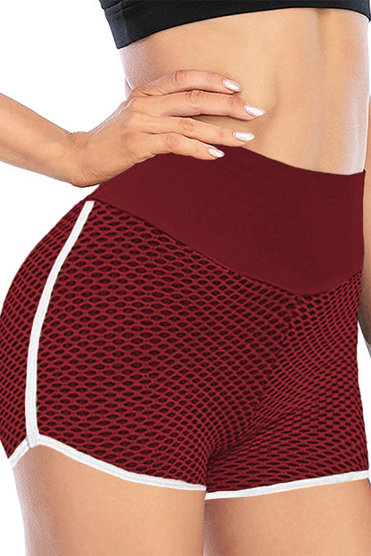 Burgundy High Waist Honeycomb Contrast Stripes Butt Lifting Yoga Shorts | Red