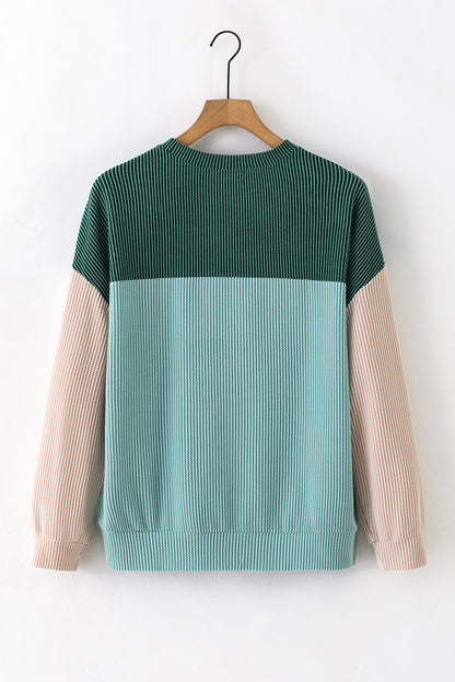 Colour Block Long Sleeve Ribbed Loose Top | Green