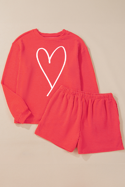 Heart Shape Graphic Corded Pullover And Shorts Outfit | Gold Flame