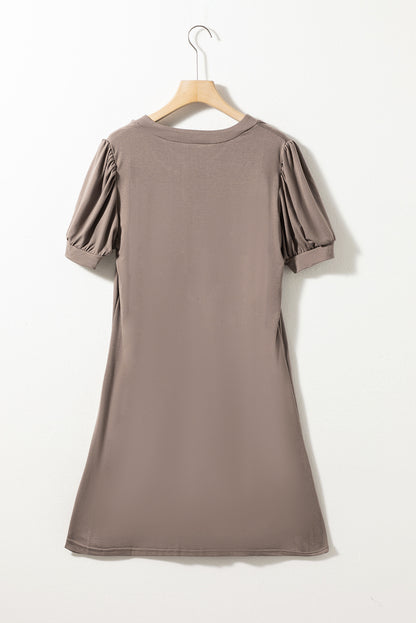 Notched Neck Pleated Puff Sleeve Shift T-Shirt Dress | Desert Palm