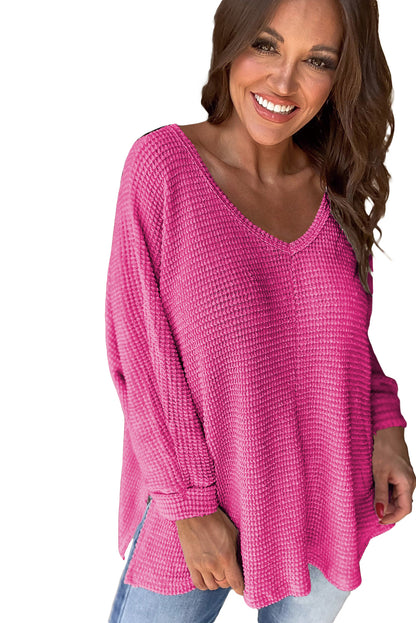 Waffle Knit Side Slits Loose Fit V Neck Top | Rose Red