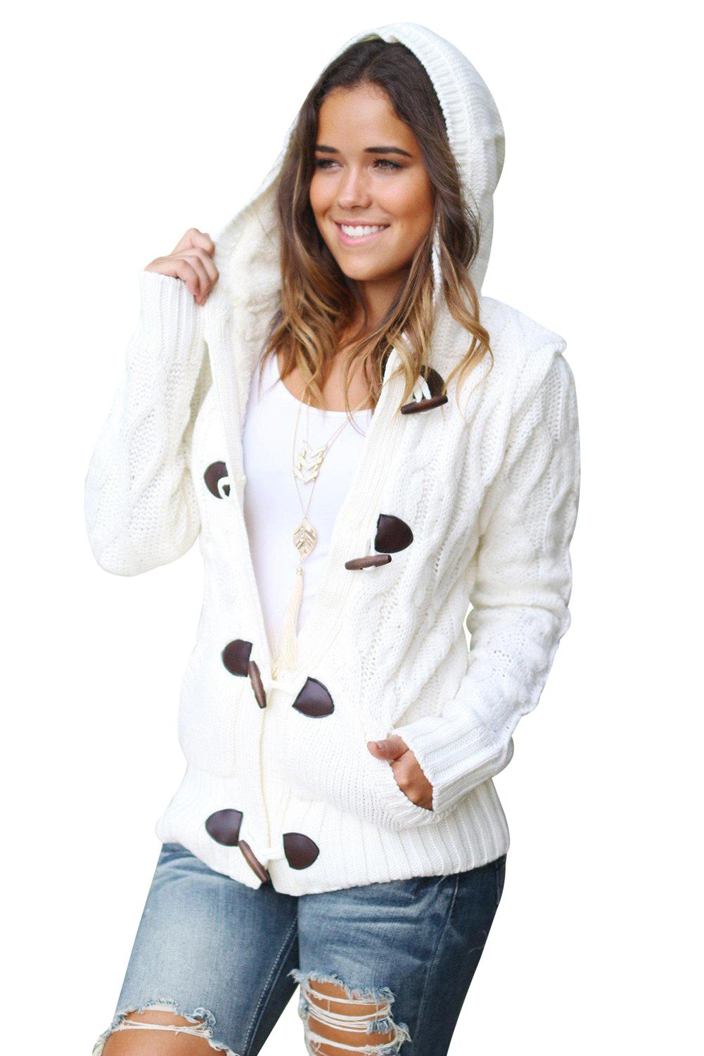 Fur Hood Horn Button Sweater Cardigan | White