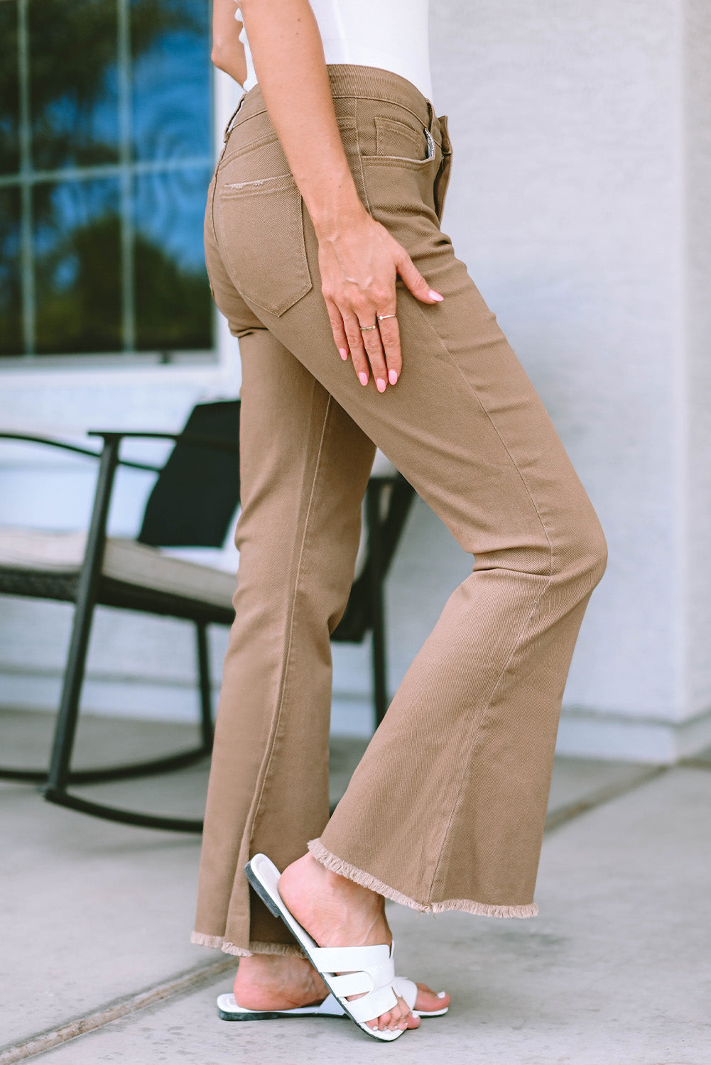 Raw Hem High Waist Flare Jeans | Khaki