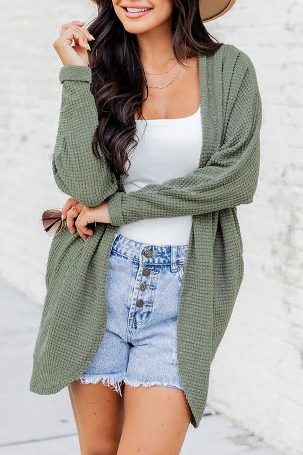 Waffle Knit Open Front Cardigan | Laurel Green