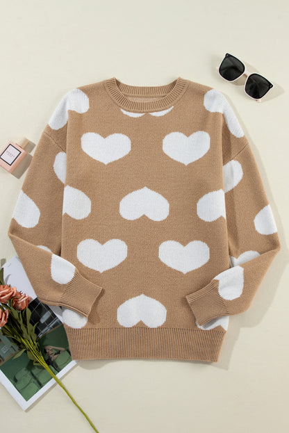 Contrast Heart Pattern Round Neck Sweater | Khaki