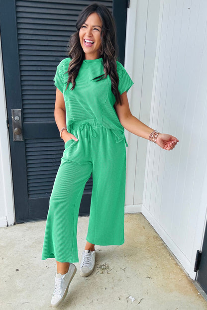 Solid Corded Knit Short Sleeve T Shirt And Wide Leg Pants Set | Bright Green