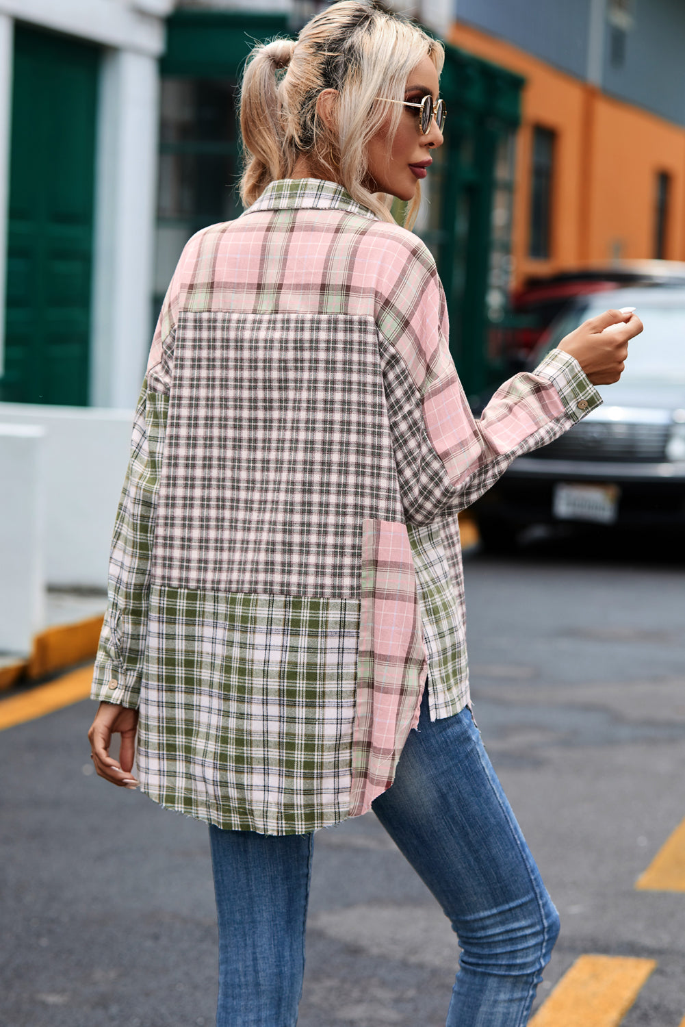 Plaid Patchwork High Low Oversized Shirt | Multicolour