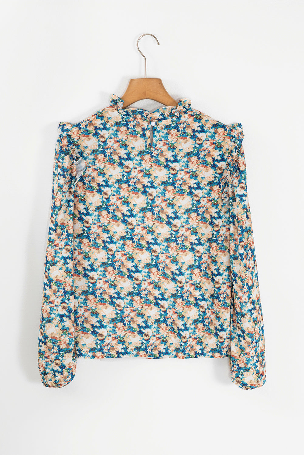 Floral Print Frilled Mock Neck Puff Sleeve Blouse | Sky Blue