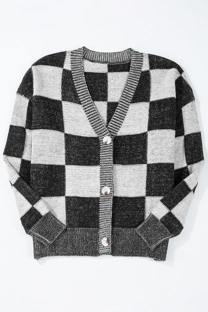 Checkered Drop Shoulder Buttoned V Neck Cardigan | Black