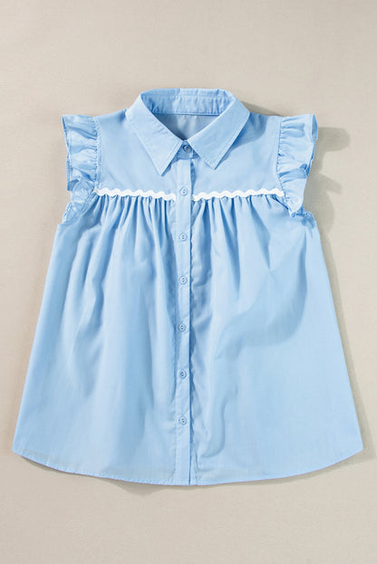 Ric Rac Trim Frilly Sleeveless Shirt | Sky Blue