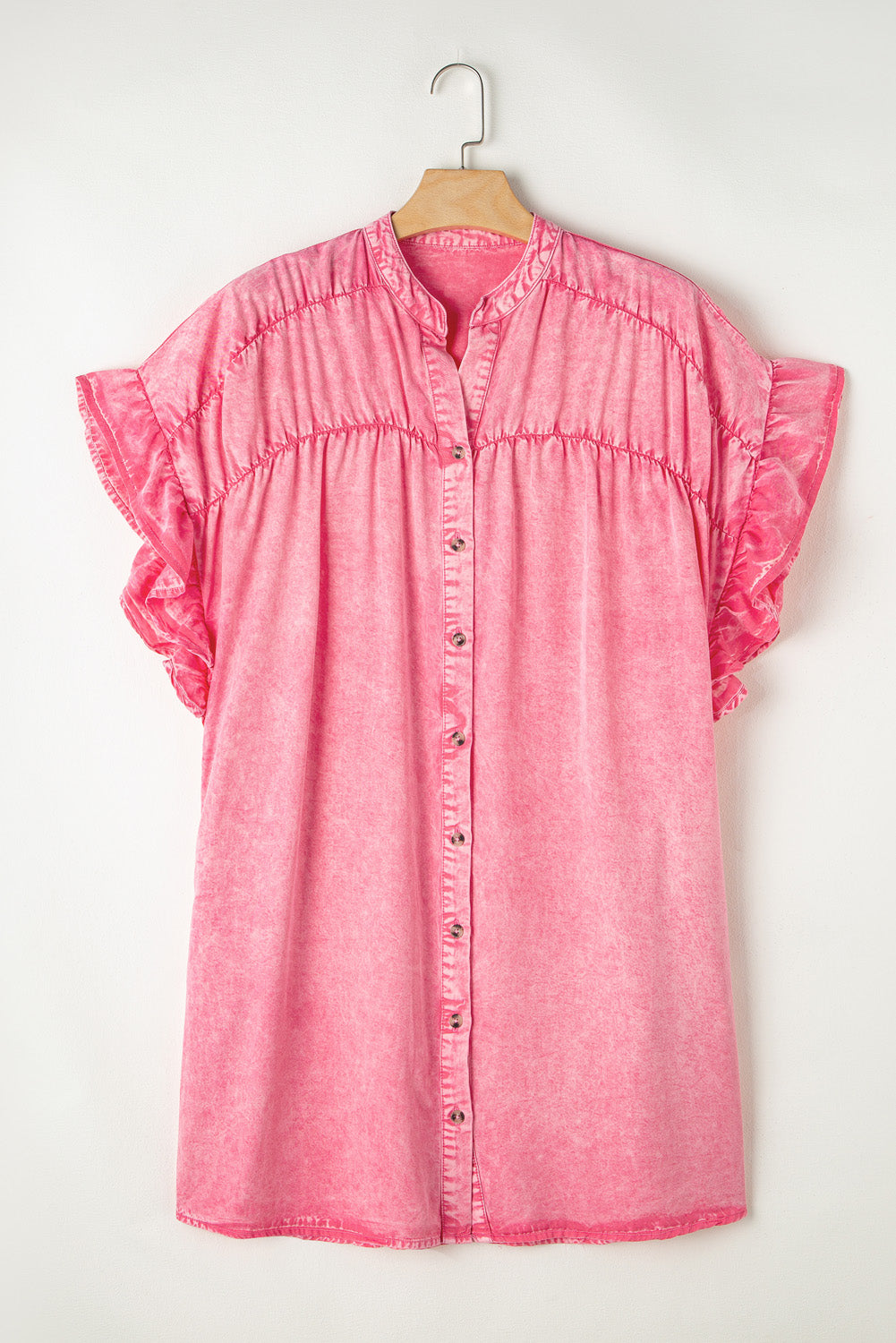 Ruffled Short Sleeve Buttoned Denim Mini Dress | Pink