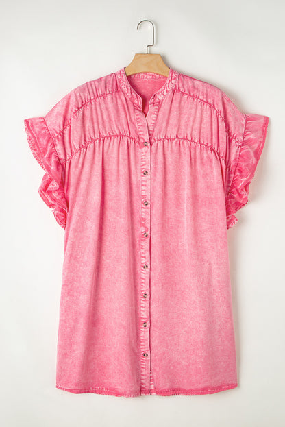 Ruffled Short Sleeve Buttoned Denim Mini Dress | Pink