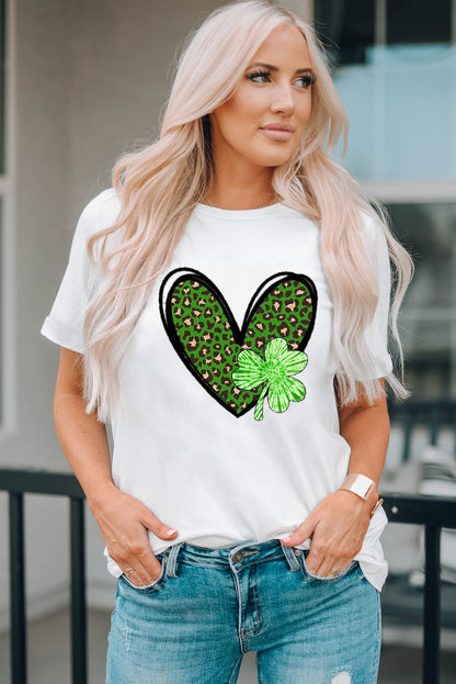 Clover Leopard Heart Shaped Print Crewneck Graphic Tee | White