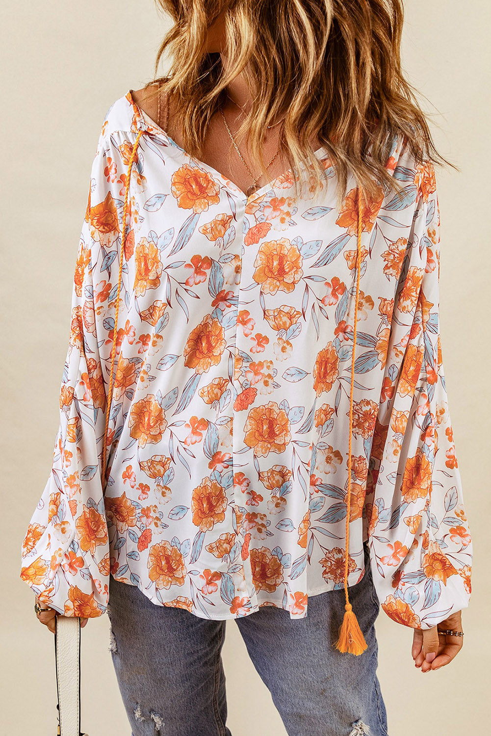 Split V Neck Floral Print Dolman Blouse | Orange