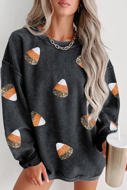 Black Sequin Candy Corn Patched Corded Halloween Sweatshirt