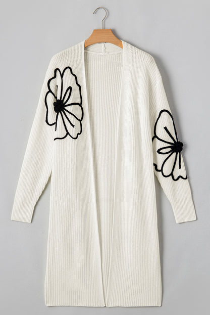 Flower Embroidered Drop Shoulder Open Front Duster Cardigan | Beige