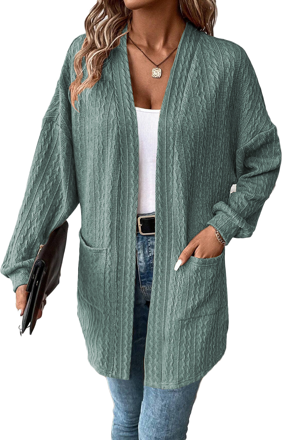 Textured Knit Side Pockets Open Front Cardigan | Canton