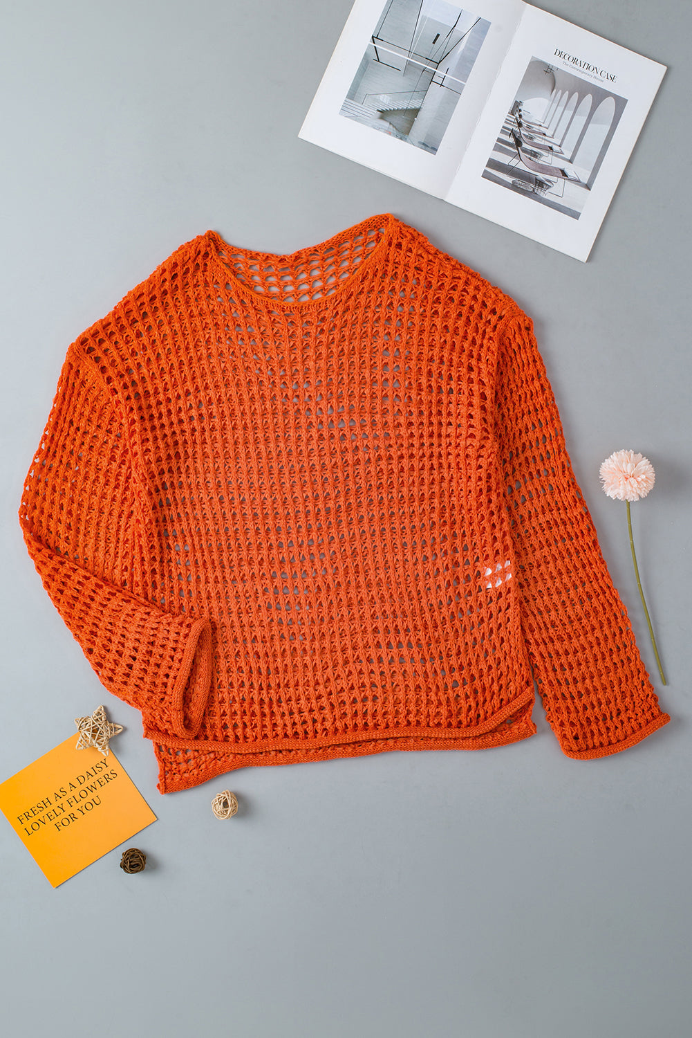 Open Knit Crochet Bell Sleeve Tunic Sweater | Orange