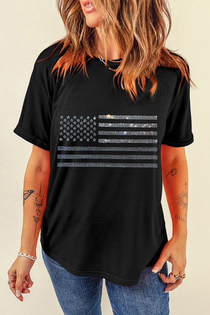 Glittering Rhinestone American Flag Pattern T Shirt | Black