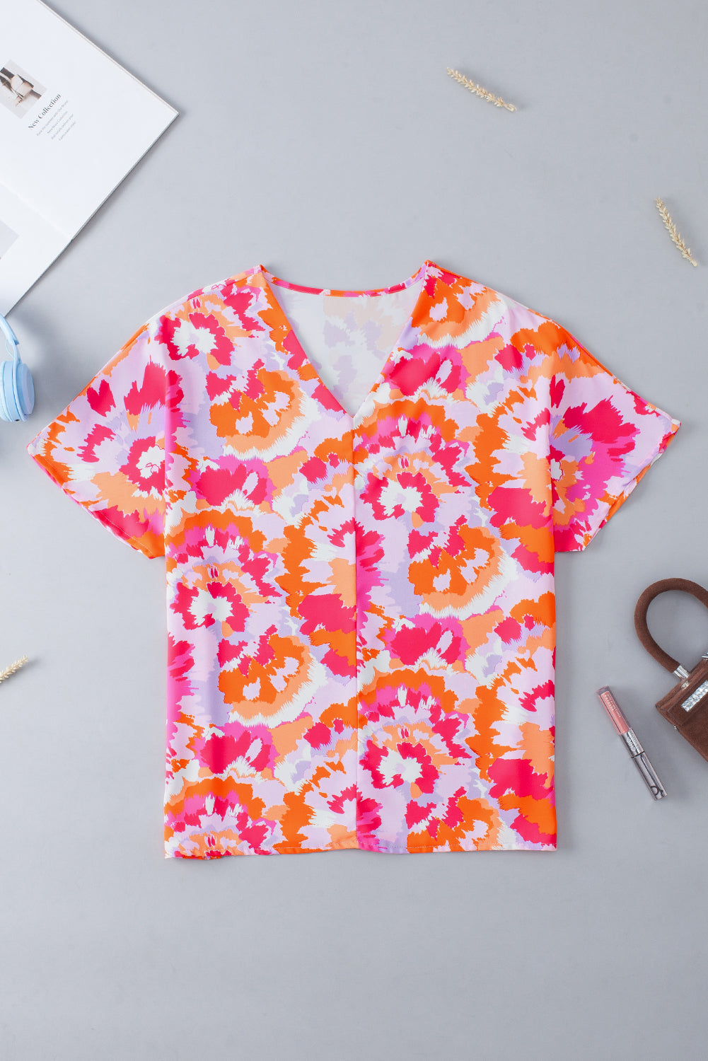 Abstract Print V Neck Summer Blouse | Rose Red