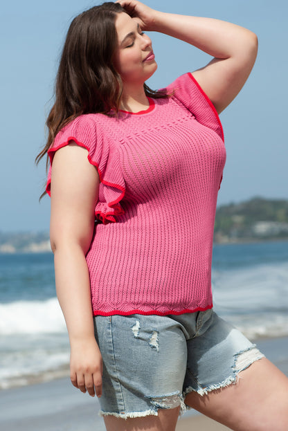 Ruffled Contrast Trim Plus Size Short Sleeve Sweater | Rose Red