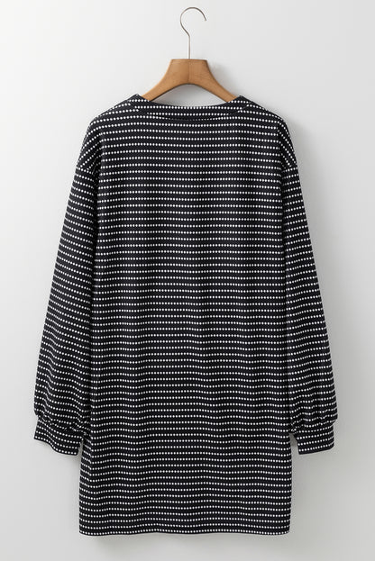 Striped V Neck Long Puff Sleeve Shift Dress | Black