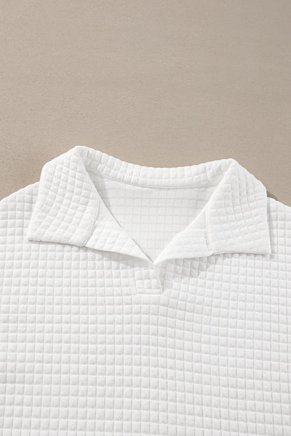 Quilted Texture Sporty Collared Long Sleeve Top | White