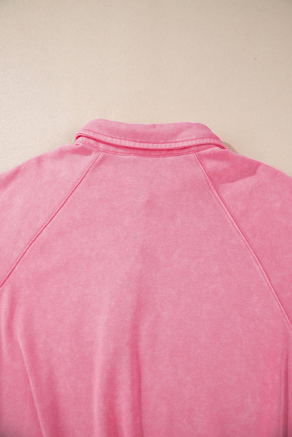 Solid Snap Buttons Collared Balloon Sleeve Oversized Sweatshirt | Pink