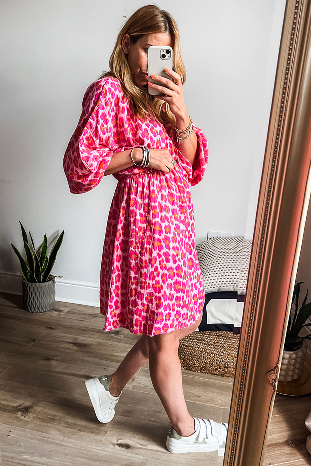 Leopard Print Elasticated V Neck 3/4 Puff Sleeve Dress | Pink