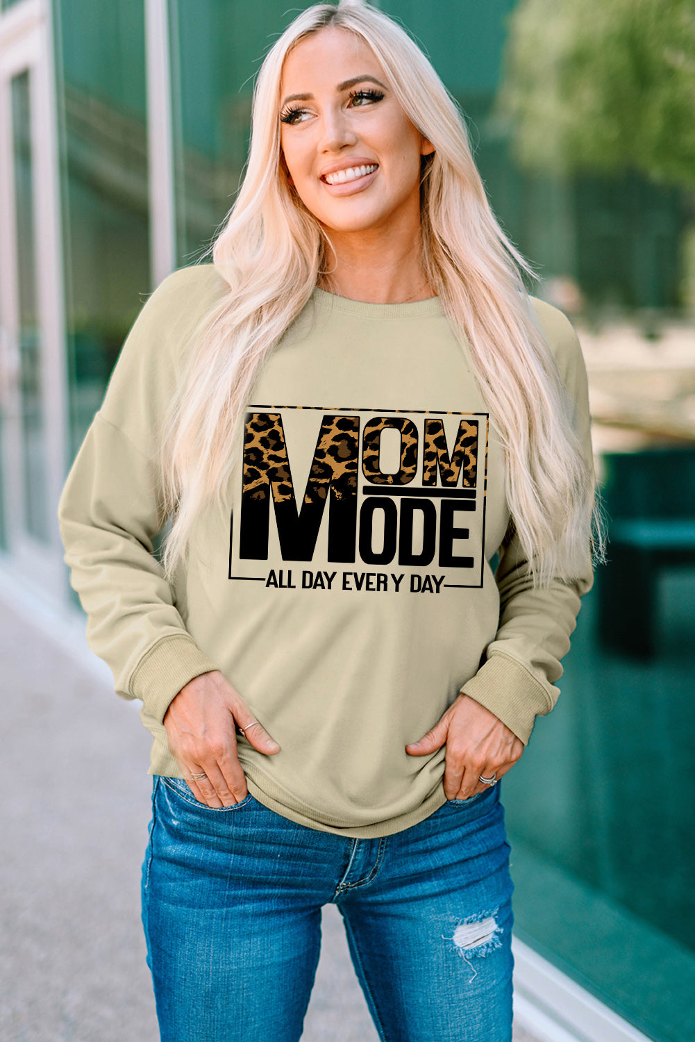 Mom Mode Leopard Print Long Sleeve Sweatshirt | Khaki