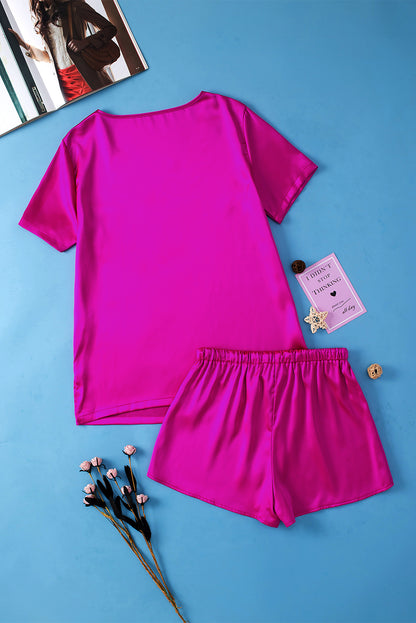 Satin V Neck Tee And Drawstring Shorts Set | Bright Pink