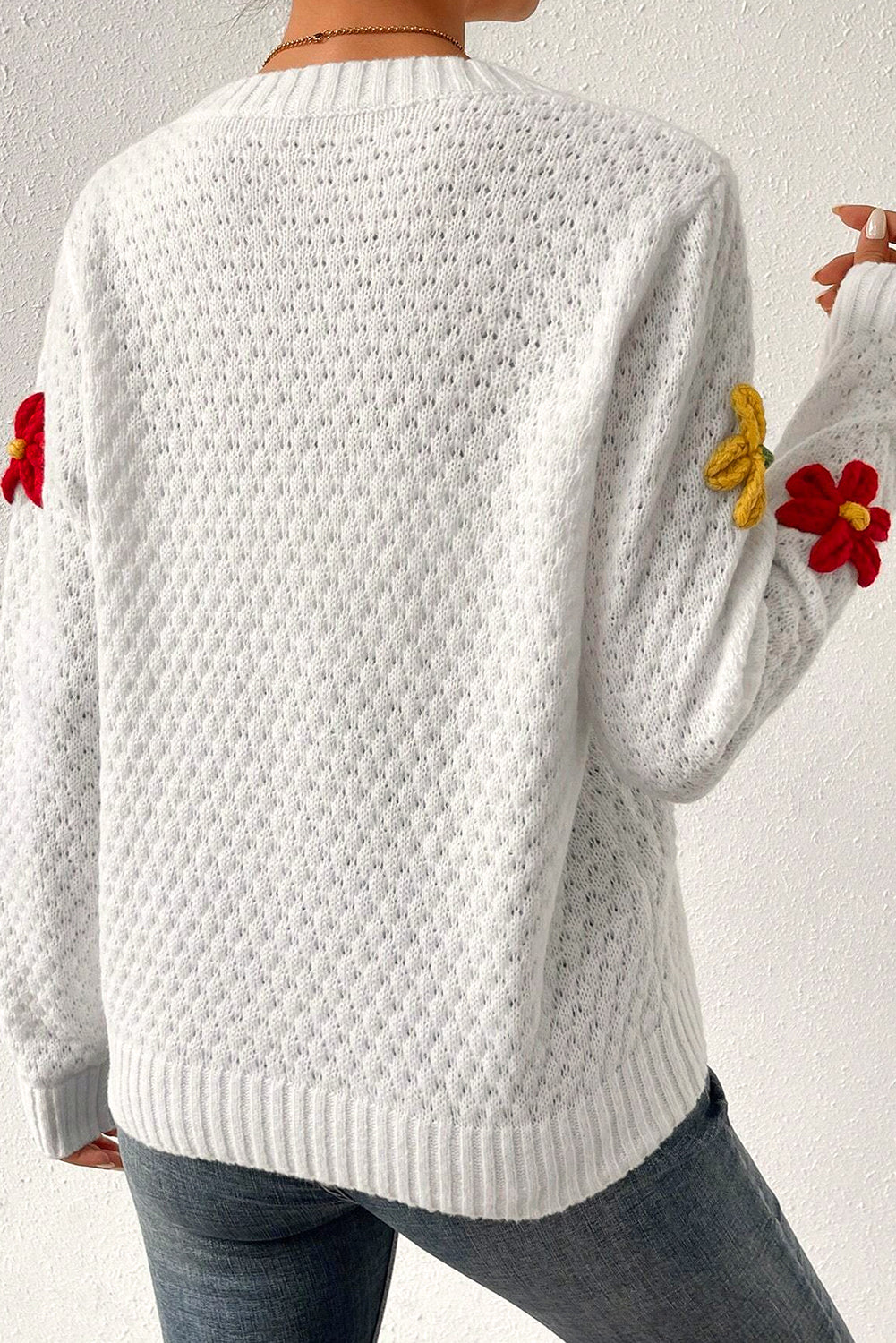 Colourful Flower Applique Textured Knit Sweater | White