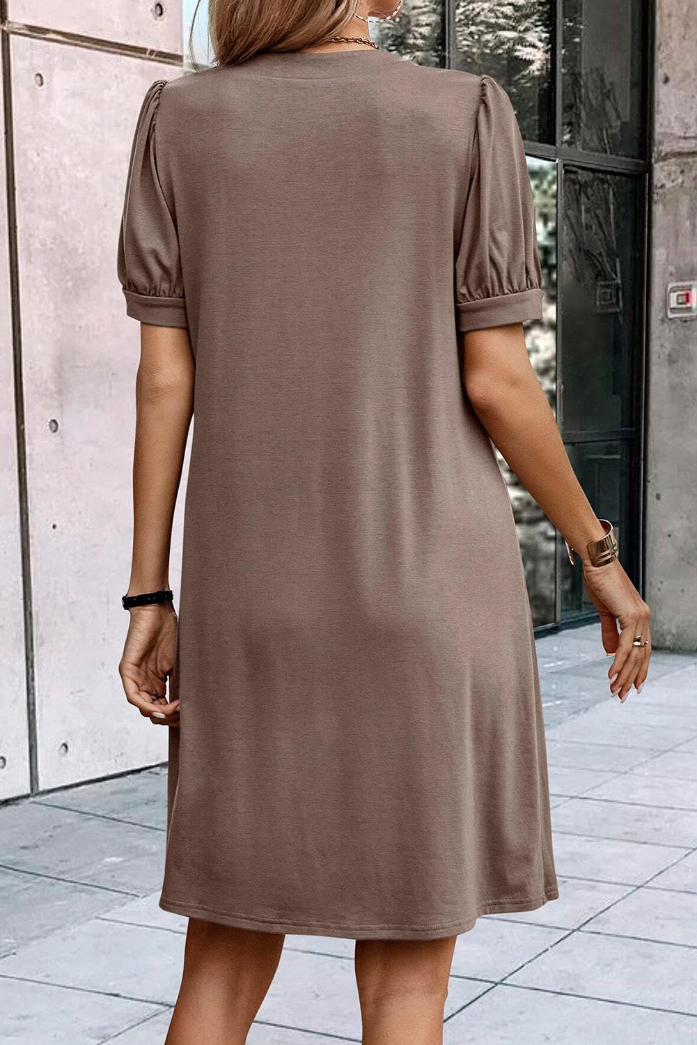 Notched Neck Pleated Puff Sleeve Shift T-Shirt Dress | Desert Palm