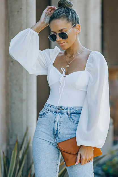 Criss Cross Backless Puff Sleeve Bodysuit | White