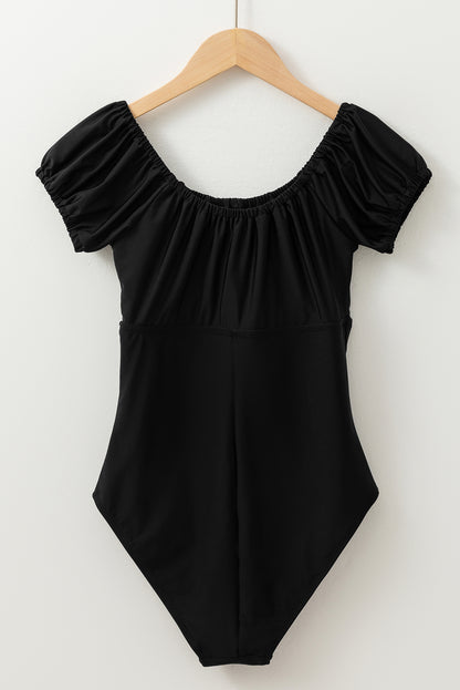 Elastic Neckline Short Sleeve One Piece Swimsuit | Black