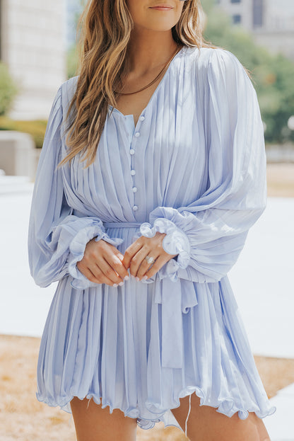 Pleated Ruffled Tie Waist Buttons V Neck Romper | Sky Blue