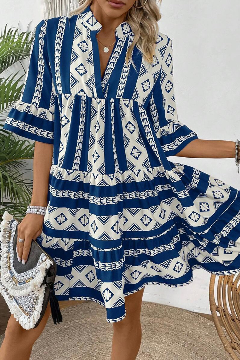 Geometric Print V Neck Ruffled Dress | Blue