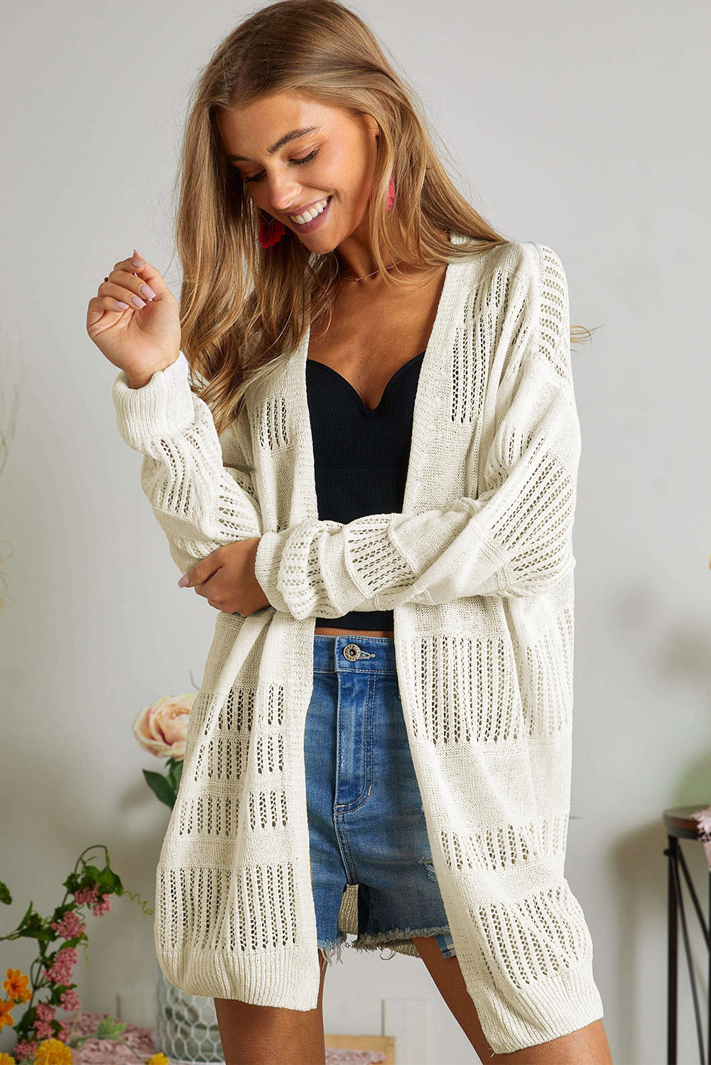 Solid Colour Lightweight Open Knit Tunic Cardigan | White