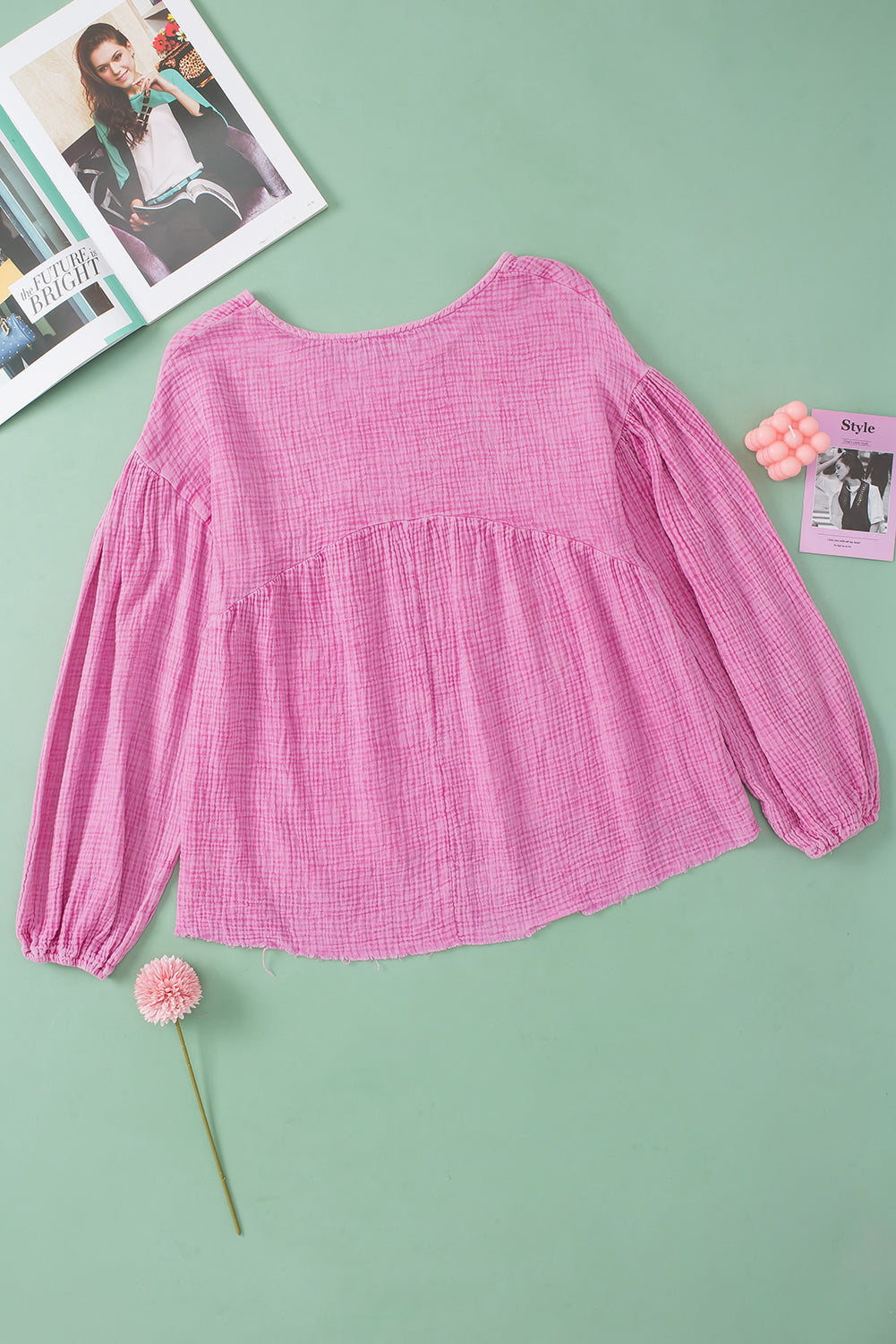 Crinkle Bubble Sleeve Raw Hem Babydoll Blouse | Pink