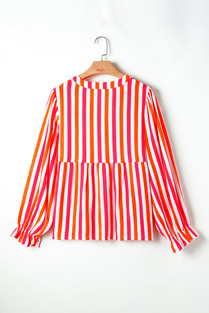 Balloon Sleeve Notched V Neck Buttoned Front Blouse | Orange Stripe