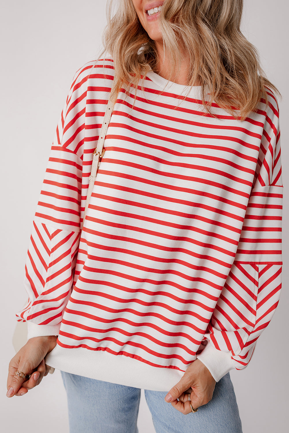 Drop Shoulder Crew Neck Loose Sweatshirt | Orange Stripe