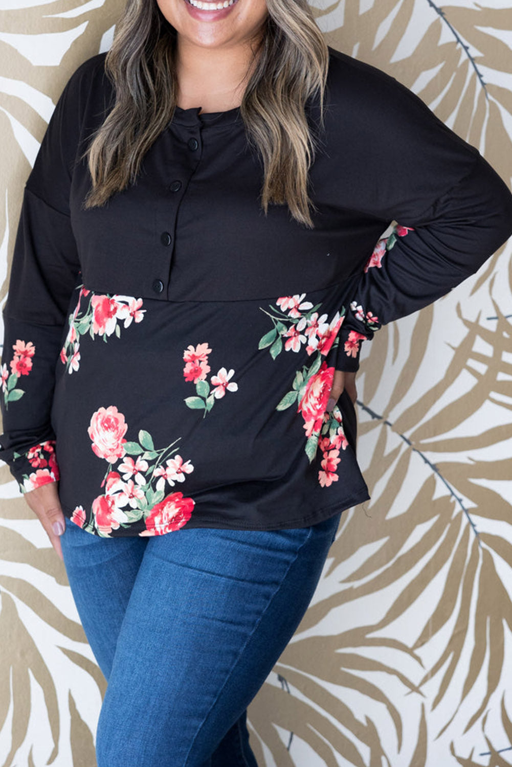 Plus Size Floral Printed Splicing Half Button Top | Black