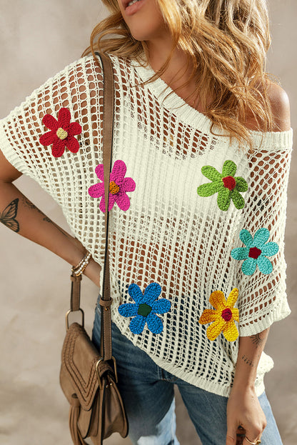 Crochet Flower Hollow-Out Sweater T Shirt | White