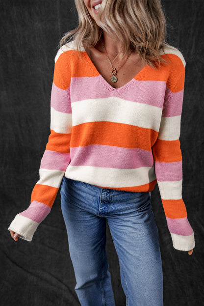 Colourblock V Neck Casual Sweater | Orange Stripe